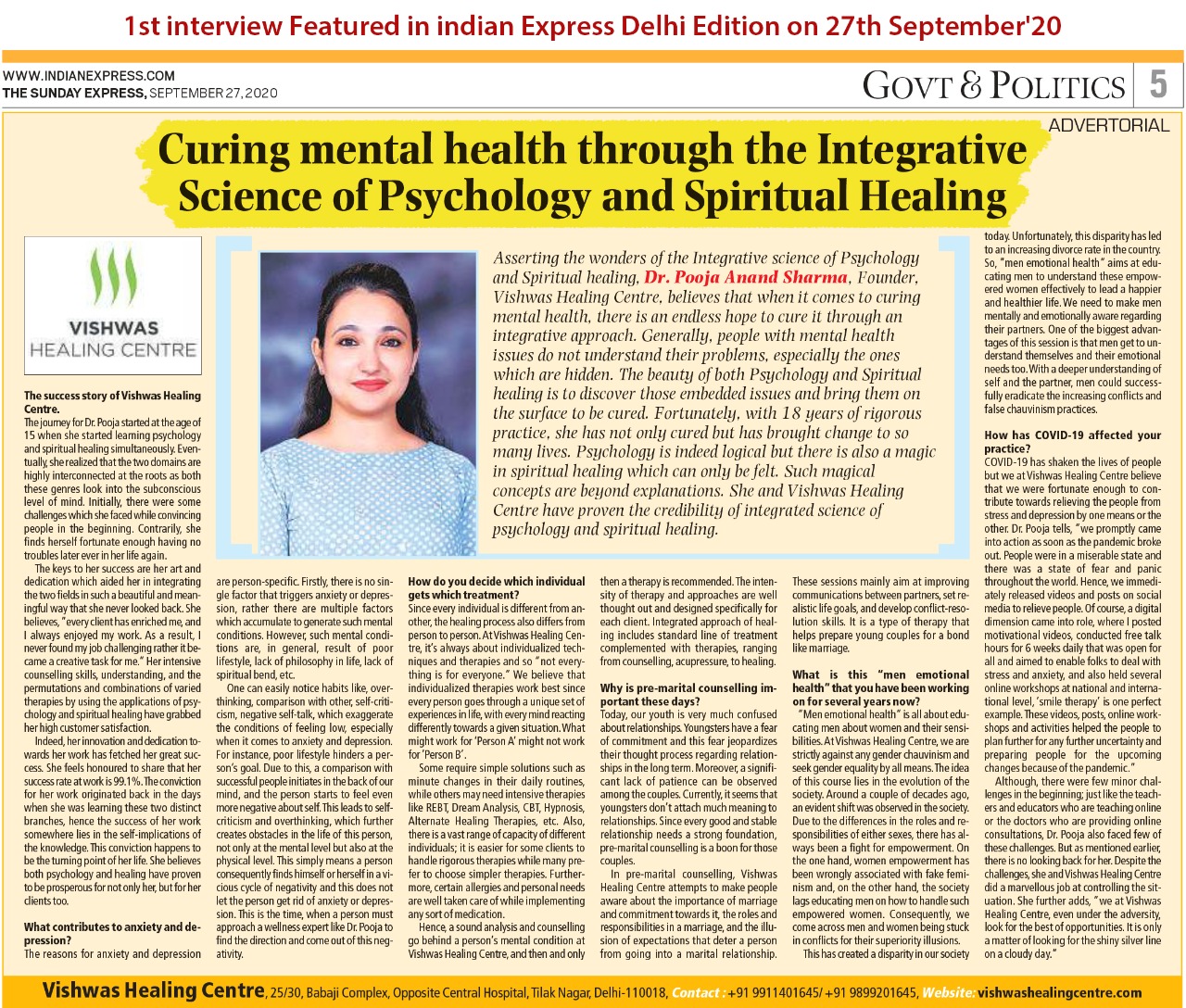 Dr Pooja Anand Sharma 1st interview featured in Indian Express